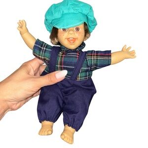 Plaid Shirt Doll with Blue Overalls and Teal Hat.
